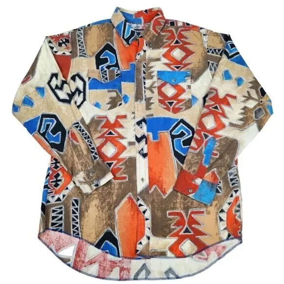 Wrangler Western Shirt Mens 17-35 Aztec Abstract‎ Print Vintage Brushpopper 90s